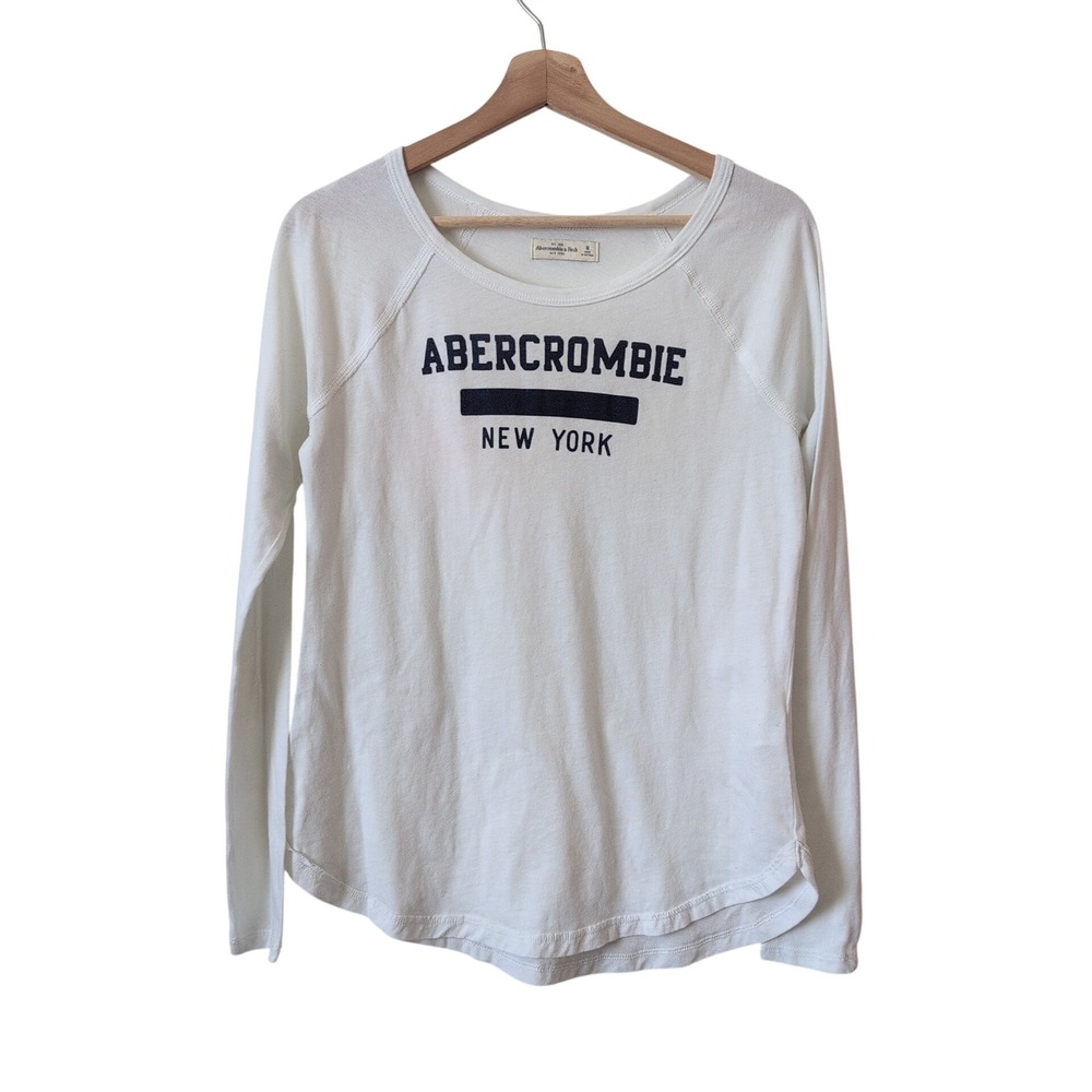 Y2K Abercrombie & Fitch White Raglan Long Sleeve Graphic Tee New York Size M